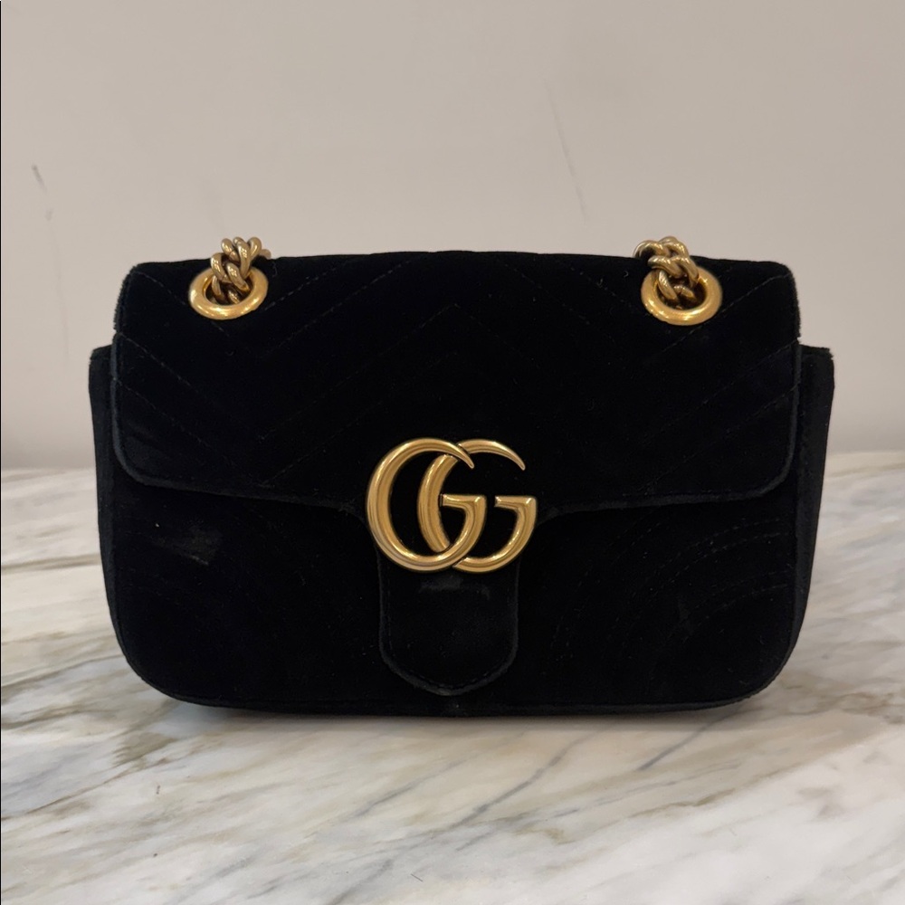 Gucci Black Velvet Crossbody Bag with Gold Accents
